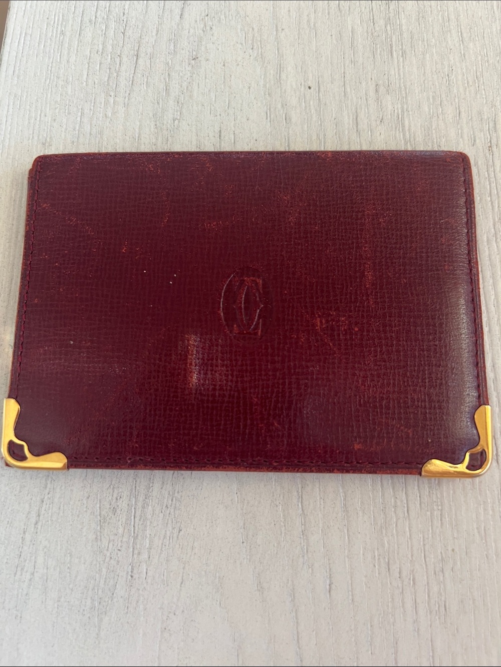 Cartier Burgundy Leather Card with Gold Corner Accents - Picture 1 of 11